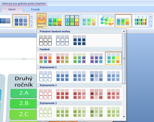 3.2 Úprava objektu obrázka SmartArt Pokiaľ už máte objekt vytvorený, môžete ho ďalej upravovať. Medzi najčastejšie druhy úprav patrí úprava farebnej schémy. Kliknite na objekt a tým ho aktivujete.