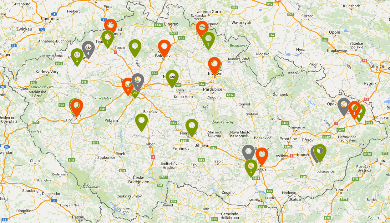 Obrázek 6 Pozice funkčních i budovaných dobíjecích stanic skupinou ČEZ (převzato z [9]) vysokému výkonu účinnější a většiny elektromobilů umožňují 80 % dobití kapacity akumulátoru mezi 20 a 30