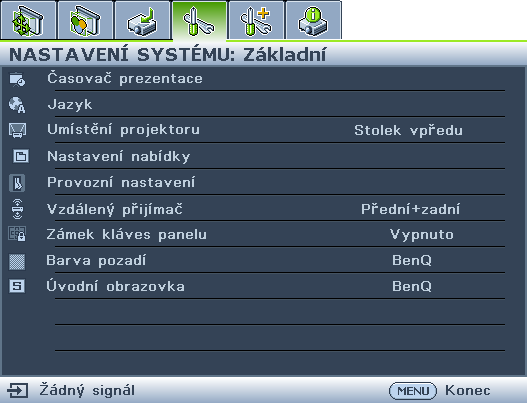 Používání nabídek Tento projektor umožňuje provádět různá přizpůsobení a nastavení pomocí nabídek na projekční ploše (OSD). Na následujícím obrázku je uveden přehled OSD nabídky.