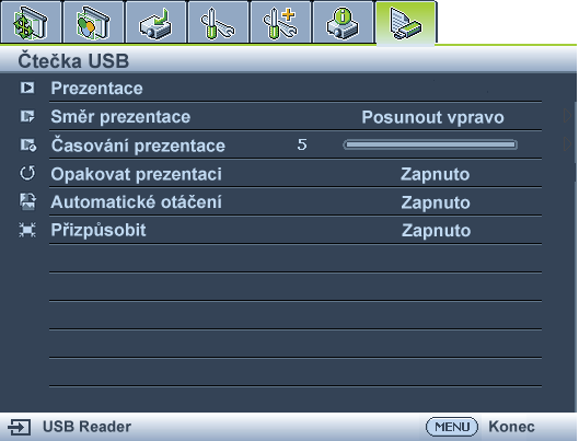 Příprava Chcete-li obrázky prohlížet jako prezentaci, postupujte následujícím způsobem: 1. Připojte jednotku USB Flash k počítači a zkopírujte soubory z počítače na disk USB Flash. 2.