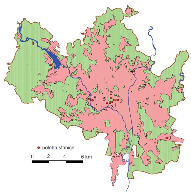 Poloha meteorologických stanic použitých pro sestavení kompilované brněnské teplotní řady (1