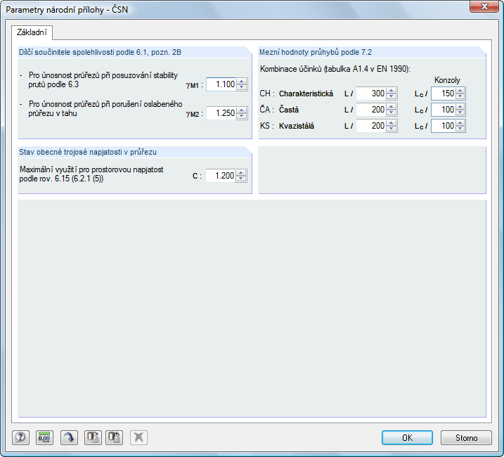 2 Vstupní údaje Častá (ČA) Kvazistálá (KS) Mezní hodnoty deformací se řídí nastavenou národní přílohou a lze je upravit u jednotlivých návrhových situací v dialogu Parametry národní přílohy (viz obr.