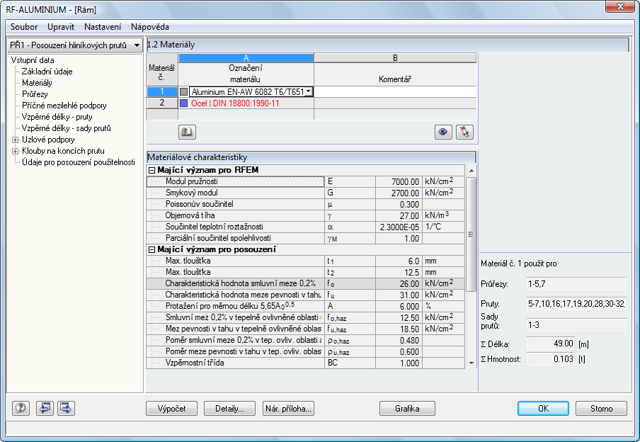 2 Vstupní údaje 2.2 Materiály Tento dialog je rozdělen do dvou částí. V horní sekci jsou uvedeny materiály, které se mají posoudit.