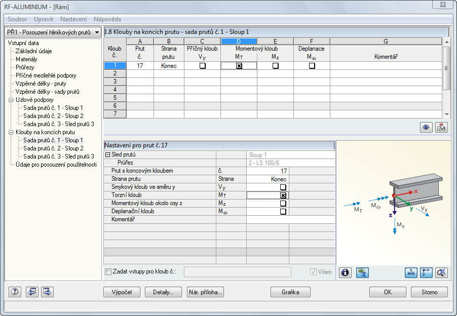 8 Klouby na koncích prutu - sady prutů Také tento dialog máme k dispozici pouze v případě, že jsme v dialogu 1.1 Základní údaje vybrali k posouzení alespoň jednu sadu prutů.