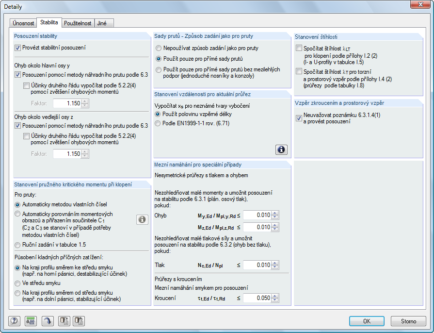 3 Výpočet Pružný návrh úhelníků (založený na napětí) lze vybrat, pokud se mají úhelníky posuzovat podle [1], čl. 6.2.5 až 6.2.10 na základě napětí a nikoli hodnot únosnosti, což je přednastavená možnost.