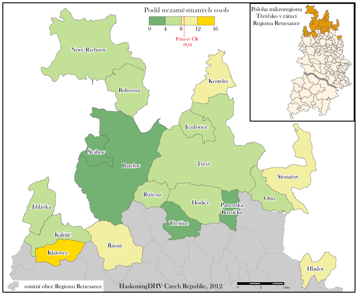 Obrázek 2: Podíl nezaměstnaných osob v obcích Mikroregionu Třešťsko (v %) v roce 2013 Zdroj: MPSV, ArcČR 500 (vlastní úpravy) Vývoj počtu dosažitelných uchazečů 2 a počtu uchazečů na jedno volné