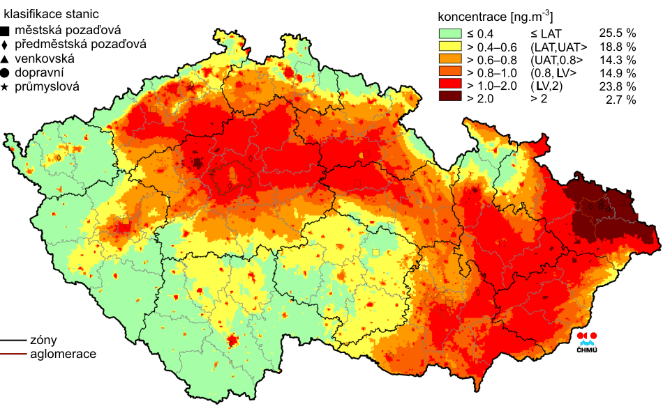 Obrázek 21: Největší 24 hod. koncentrace PM10 v ČR v roce 2012 Zdroj: ČHMÚ, 2014 Pozn.: V legendě je u koncentrace špatná jednotka (správně je µg.