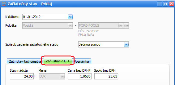 na záložke Nastavenia v časti Začiatočný stav pomocou tlačidla Nastaviť zadajte začiatočný stav tachometra a nádrže, na záložke Údaje pre DPMV vyplňte údaje potrebné pre daňové priznanie motorových