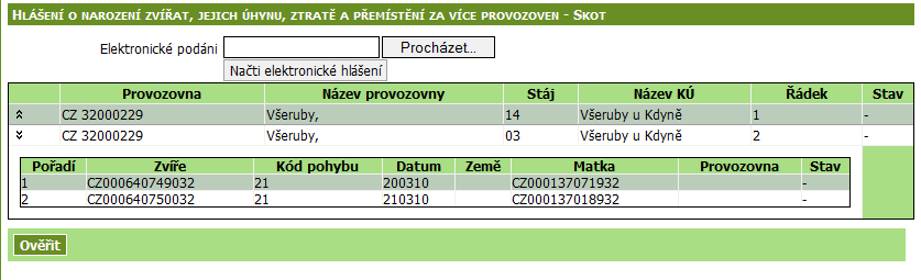 Řádky rozbaleného hlášení do detailu Sloupec se stavem po ověření. 7.2.1.2. Ověření a odeslání souboru Stiskem tlačítka Ověřit, se provedou kontroly na správnost načtených hlášení.