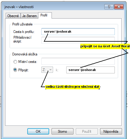 Cestovní profil Pokud administrátor potřebuje aby měl uživatel účet cestovní, tak administrátor otevře účet uživatele stiknutím pravého tlačítka myši si otevře Vlastnosti a navolí si záložku Profil a