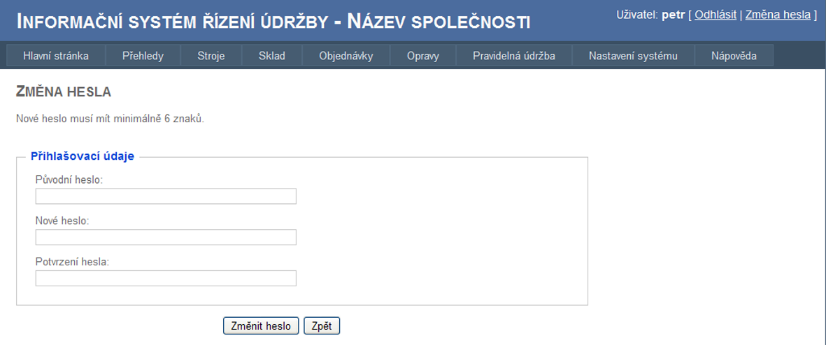 2.5.9. Změna hesla Po přihlášení do aplikace si může každý uživatel změnit své heslo přes odkaz umístěný vpravo nahoře za uživatelským jménem.