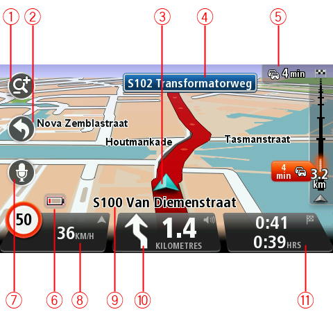 Obrazovka pro řízení Obrazovka pro řízení Po prvním spuštění zařízení TomTom se zobrazí obrazovka pro řízení, která zahrnuje podrobné informace o aktuální poloze.