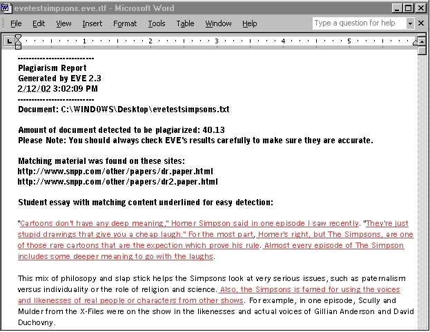 Obr. 5.5: Výsledná zpráva po detekci v programu Essay Verification Engine. Převzato z [10]. Plagiarism Finder - aplikace systému Windows. Lze spustit na každém PC, které má přístup na internet.