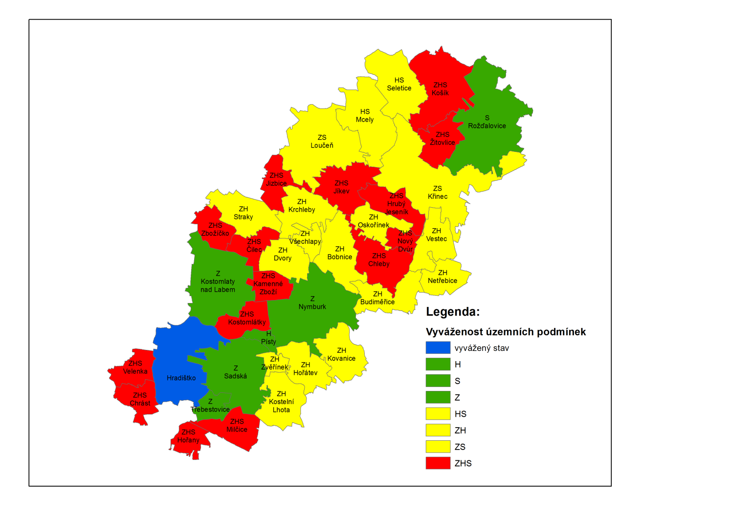 Obrázek 25: Vyhodnocení vzájemné vyváženosti územních podmínek Z výsledného hodnocení vyšel environmentální pilíř jako velmi slabý a nejméně stabilní.