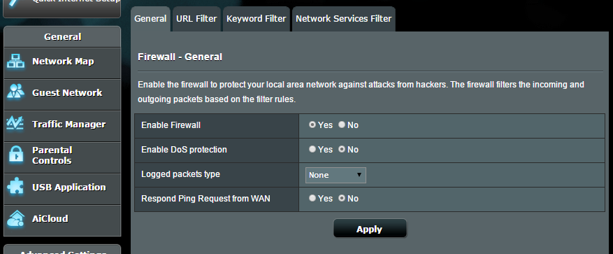 4.6 Brána firewall Tento bezdrátový xdsl modem-směrovač může fungovat jako hardwarová brána firewall pro vaši síť. POZNÁMKA: Funkce brány firewall je ve výchozí konfiguraci aktivována. 4.6.1 General (Obecné) Pokyny pro základní nastavení brány firewall: 1.