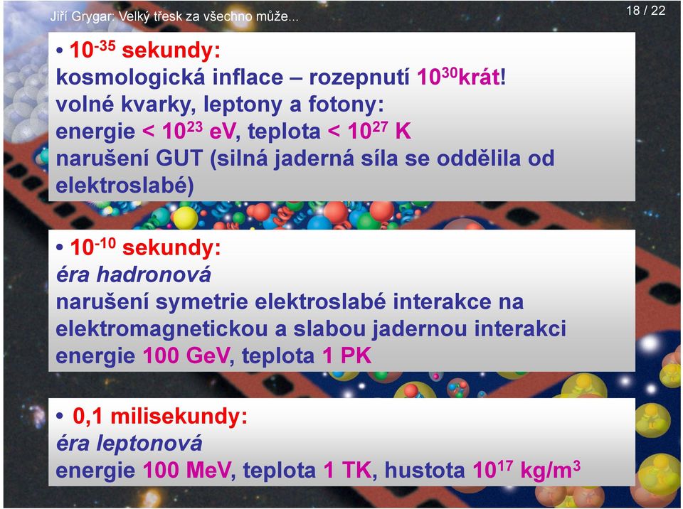 oddělila od elektroslabé) 10-10 sekundy: éra hadronová narušení symetrie elektroslabé interakce na