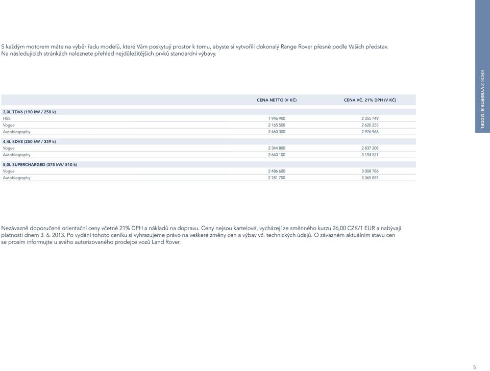 21% DPH (V KČ) 3,0L TDV6 (190 kw / 258 k) HSE 1 946 900 2 355 749 Vogue 2 165 500 2 620 255 Autobiography 2 460 300 2 976 963 KROK 2 VYBERTE SI MODEL 4,4L SDV8 (250 kw / 339 k) Vogue 2 344 800 2 837