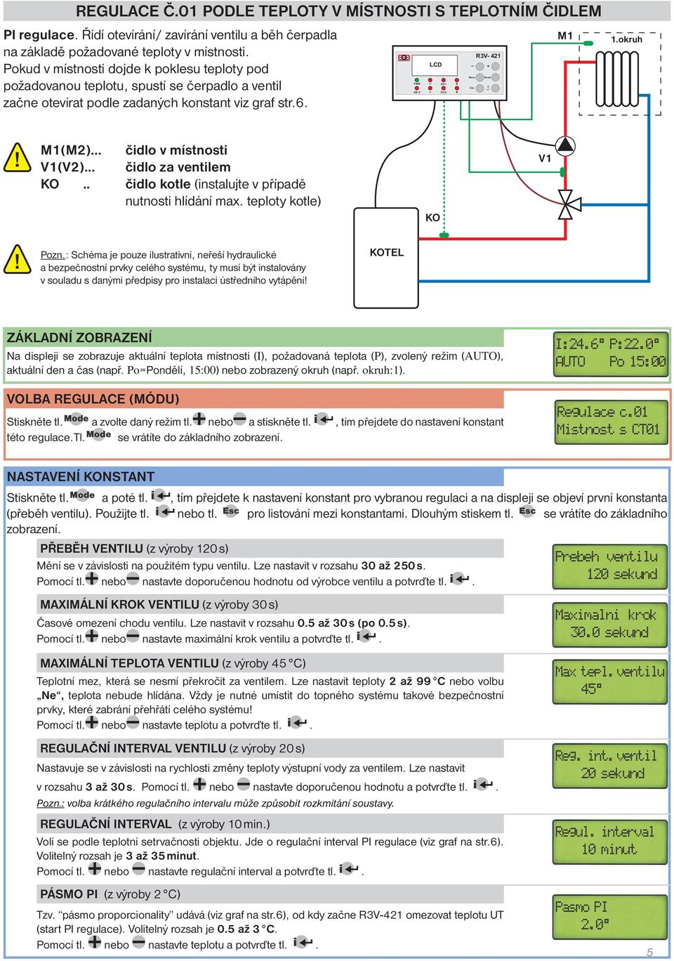 okruh M1(M2)... čidlo v místnosti V1(V2)... čidlo za ventilem KO.. čidlo kotle (instalujte v případě nutnosti hlídání max. teploty kotle) KO V1 Pozn.