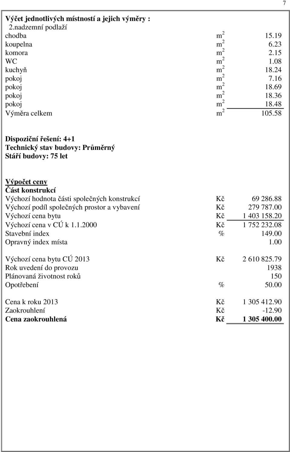 58 7 Dispoziční řešení: 4+1 Technický stav budovy: Průměrný Stáří budovy: 75 let Výpočet ceny Část konstrukcí Výchozí hodnota části společných konstrukcí Kč 69 286.