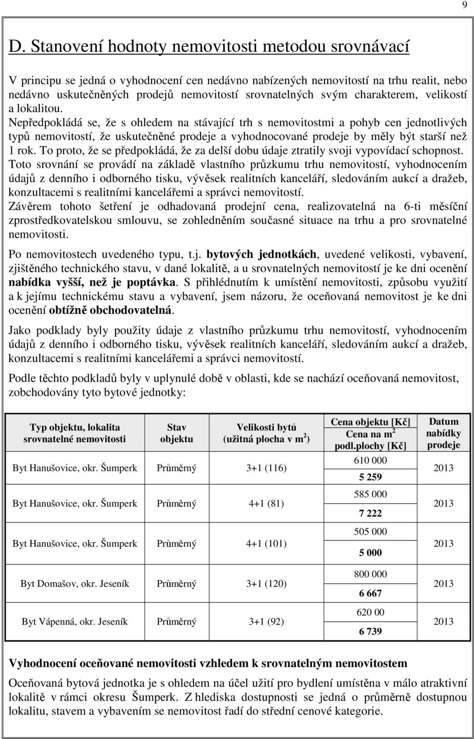 Nepředpokládá se, že s ohledem na stávající trh s nemovitostmi a pohyb cen jednotlivých typů nemovitostí, že uskutečněné prodeje a vyhodnocované prodeje by měly být starší než 1 rok.