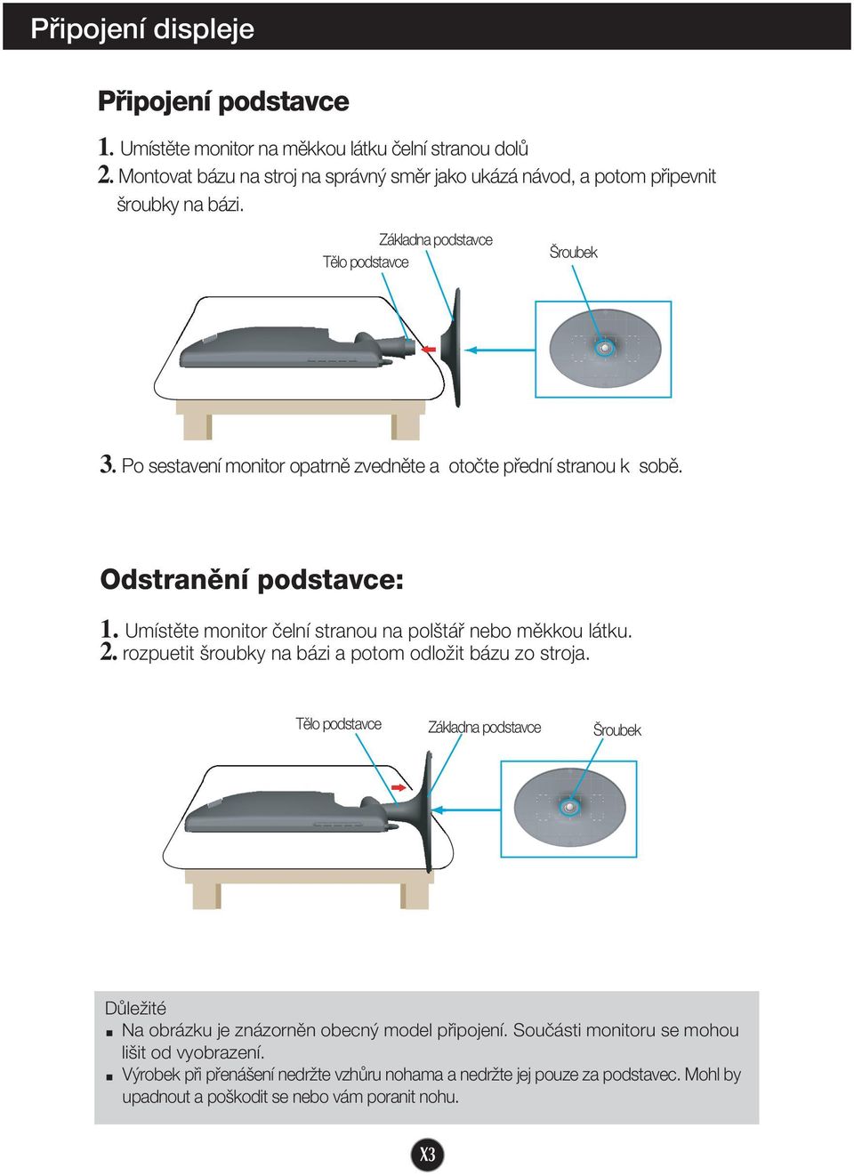 Po sestavení monitor opatrnû zvednûte a otoãte pfiední stranou k sobû. Odstranûní podstavce: 1. Umístûte monitor ãelní stranou na pol táfi nebo mûkkou látku. 2.