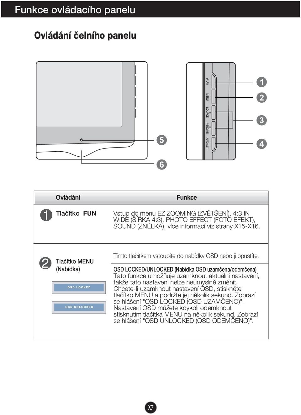 OSD LOCKED/UNLOCKED (Nabídka OSD uzamãena/odemãena) Tato funkce umoïàuje uzamknout aktuální nastavení, takïe tato nastavení nelze neúmyslnû zmûnit.