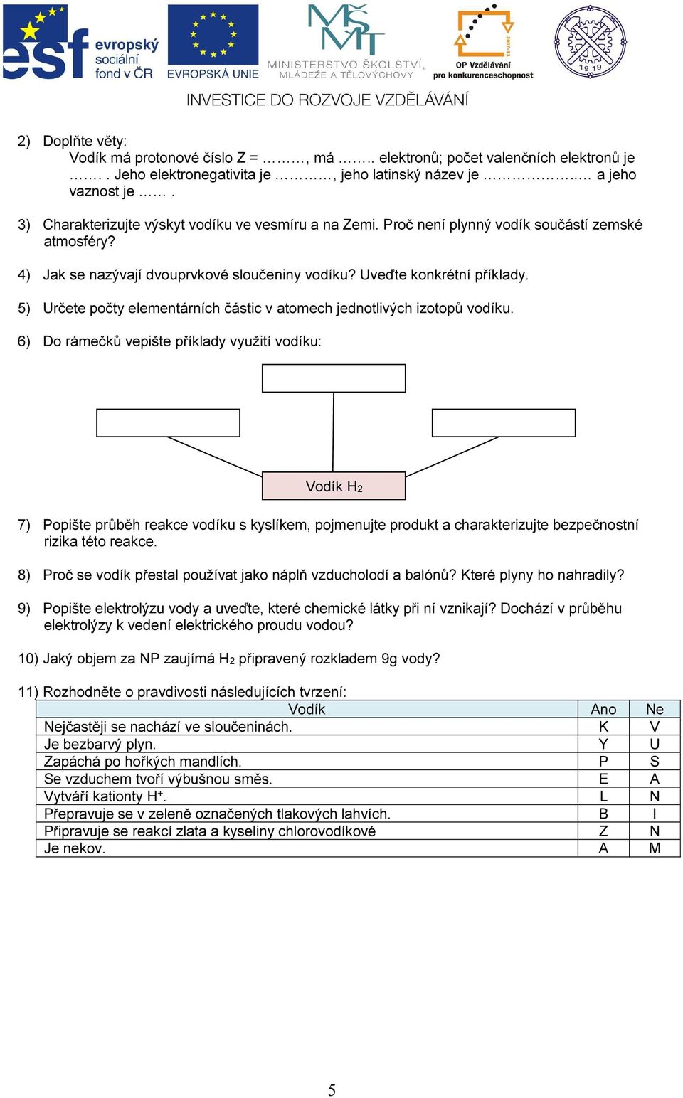 5) Určete počty elementárních částic v atomech jednotlivých izotopů vodíku.