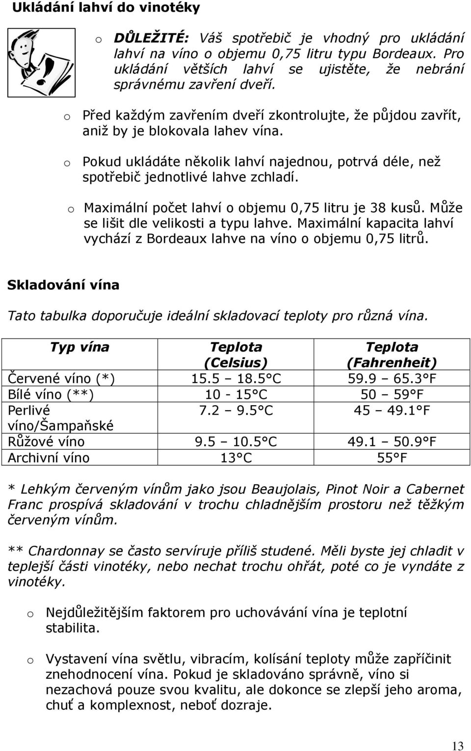 o Maximální počet lahví o objemu 0,75 litru je 38 kusů. Může se lišit dle velikosti a typu lahve. Maximální kapacita lahví vychází z Bordeaux lahve na víno o objemu 0,75 litrů.