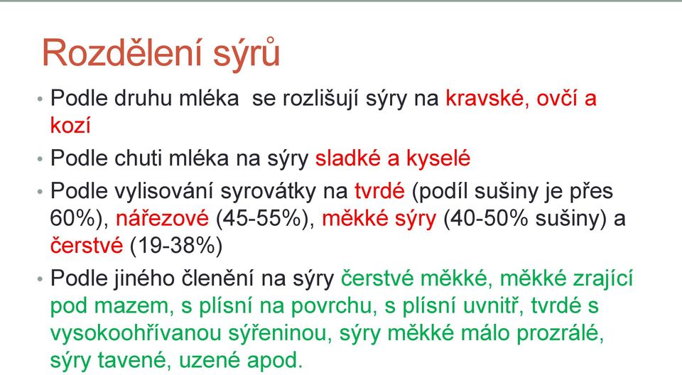 sušiny) a čerstvé (19-38%) Podle jiného členění na sýry čerstvé měkké, měkké zrající pod mazem, s plísní na