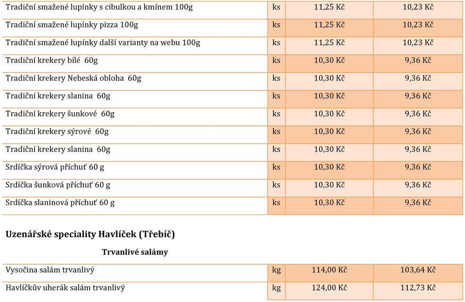 Kč Tradiční krekery sýrové 60g ks 10,30 Kč 9,36 Kč Tradiční krekery slanina 60g ks 10,30 Kč 9,36 Kč Srdíčka sýrová příchuť 60 g ks 10,30 Kč 9,36 Kč Srdíčka šunková příchuť 60 g ks 10,30 Kč 9,36 Kč