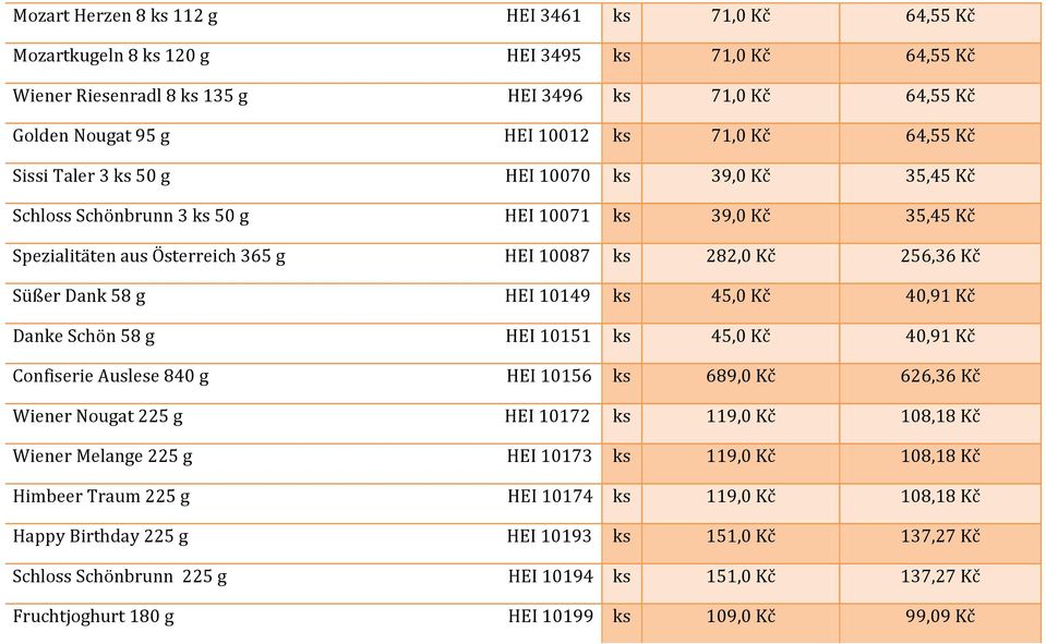 Süßer Dank 58 g HEI 10149 ks 45,0 Kč 40,91 Kč Danke Schön 58 g HEI 10151 ks 45,0 Kč 40,91 Kč Confiserie Auslese 840 g HEI 10156 ks 689,0 Kč 626,36 Kč Wiener Nougat 225 g HEI 10172 ks 119,0 Kč 108,18