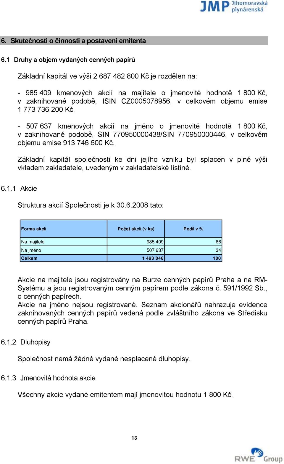 CZ0005078956, v celkovém objemu emise 1 773 736 200 Kč, - 507 637 kmenových akcií na jméno o jmenovité hodnotě 1 800 Kč, v zaknihované podobě, SIN 770950000438/SIN 770950000446, v celkovém objemu