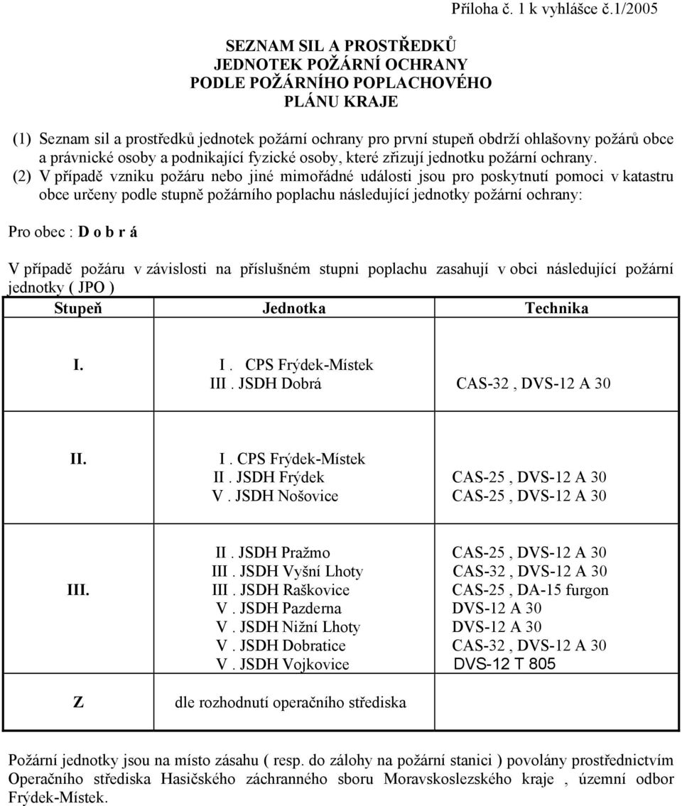 (2) V případě vzniku požáru nebo jiné mimořádné události jsou pro poskytnutí pomoci v katastru obce určeny podle stupně požárního poplachu následující jednotky požární ochrany: Pro obec : D o b r á V