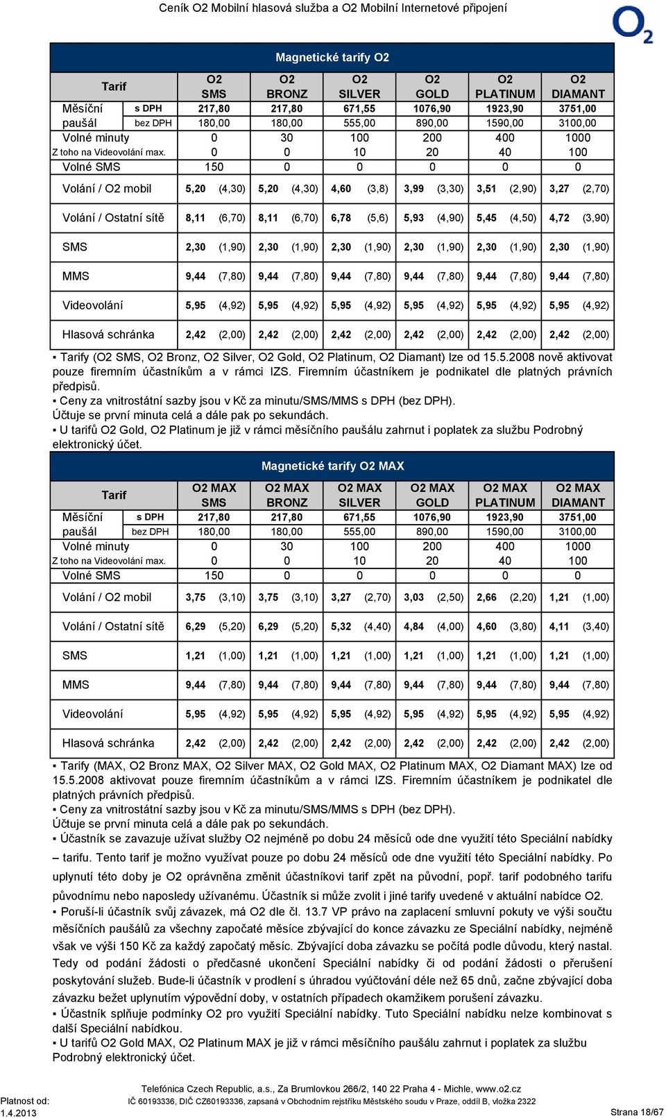0 0 10 20 40 Volné SMS 150 0 0 0 0 Volání O2 mobil 5,20 (4,30) 5,20 (4,30) 4,60 (3,8) 3,99 (3,30) 3,51 (2,90) O2 DIAMANT 3751,00 310 1000 100 0 3,27 (2,70) Volání Ostatní sítě 8,11 (6,70) 8,11 (6,70)