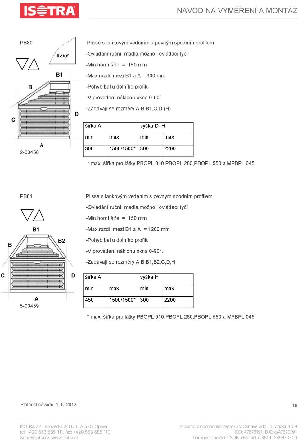 300 2200 PB81 Plissé s lankovým vedením s pevným spodním profilem -Ovládání ruční, madla,moţno i ovládací tyčí -Min.horní šíře = 150 mm -Max.