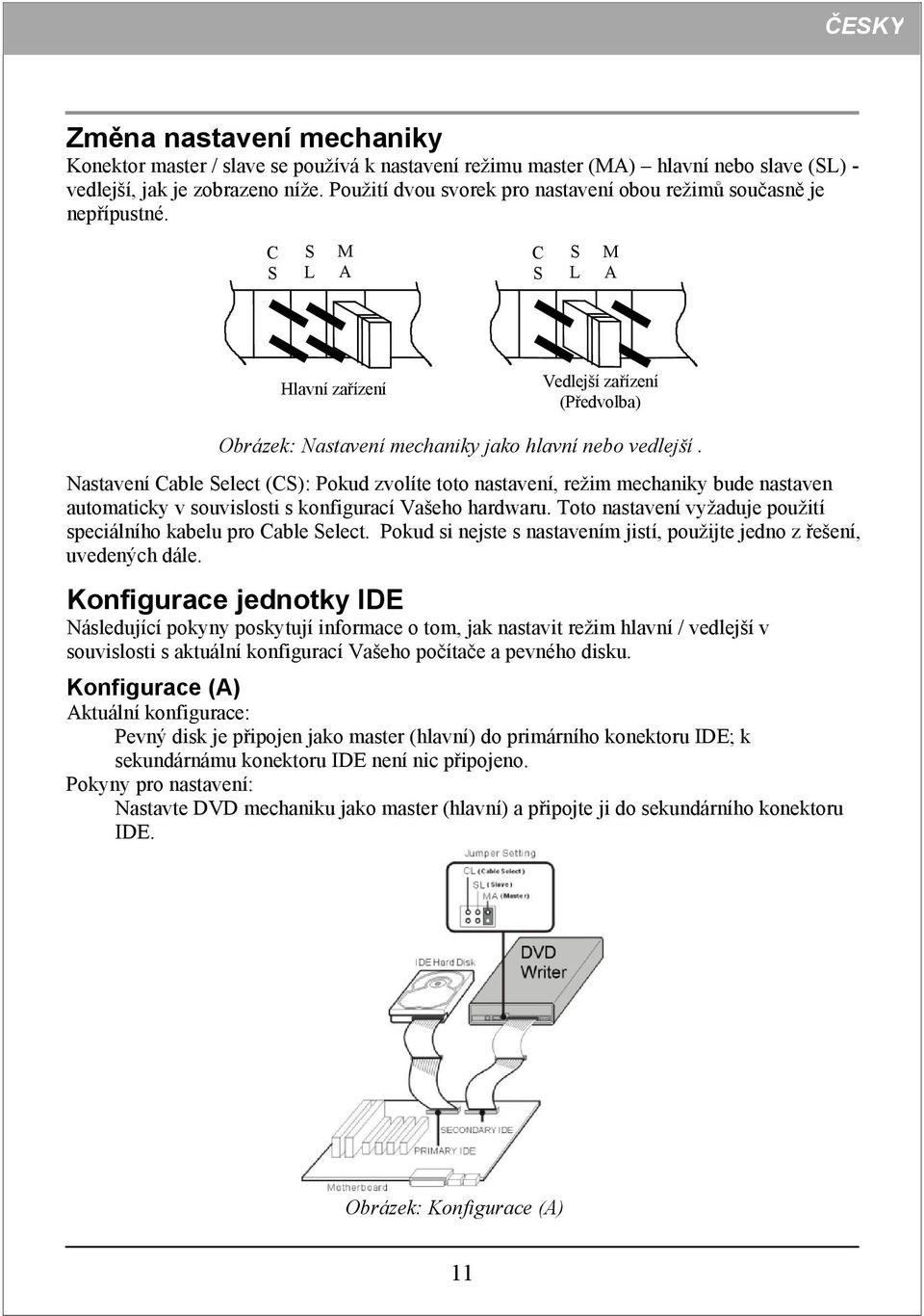 Nastavení Cable Select (CS): Pokud zvolíte toto nastavení, režim mechaniky bude nastaven automaticky v souvislosti s konfigurací Vašeho hardwaru.