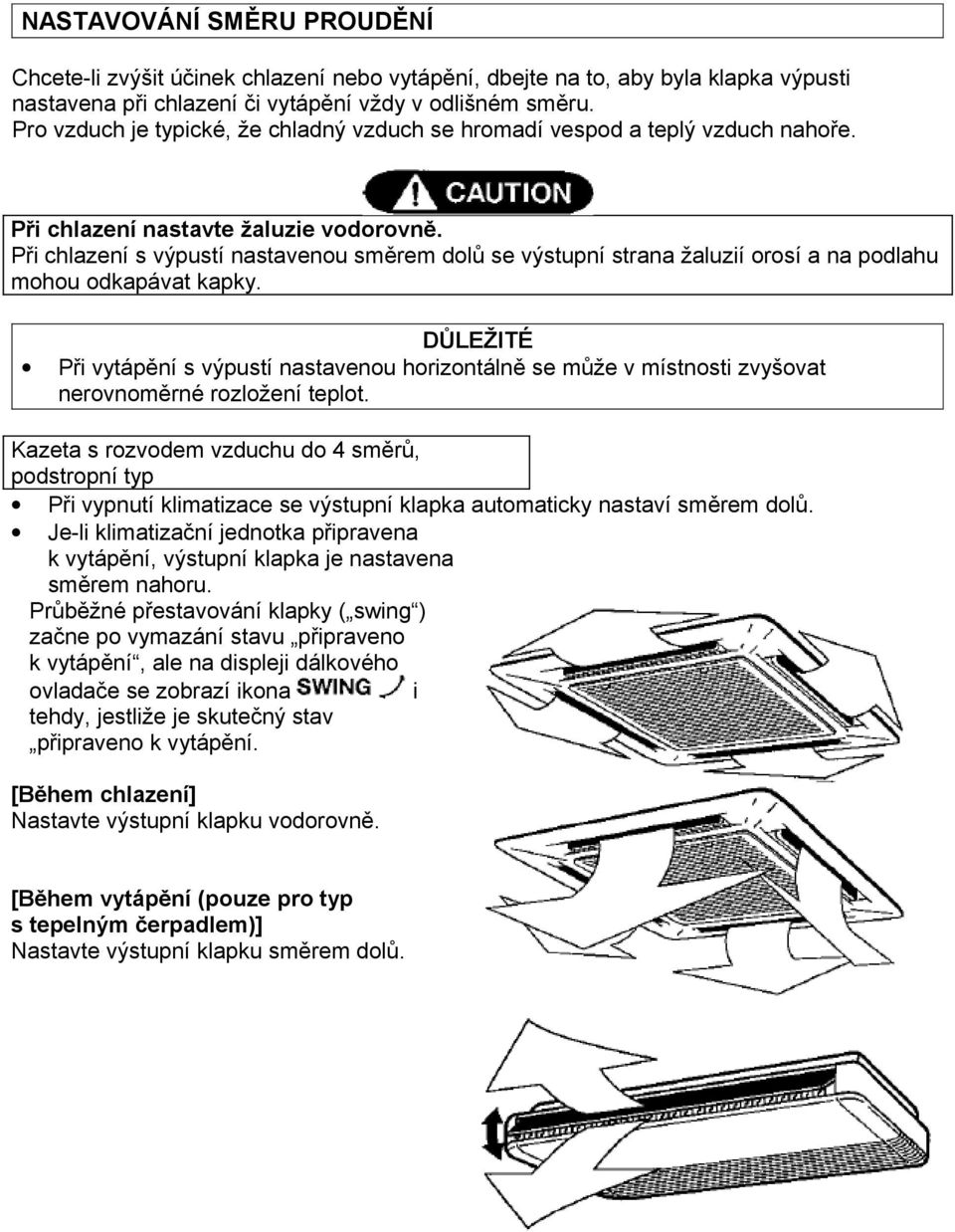 Při chlazení s výpustí nastavenou směrem dolů se výstupní strana žaluzií orosí a na podlahu mohou odkapávat kapky.
