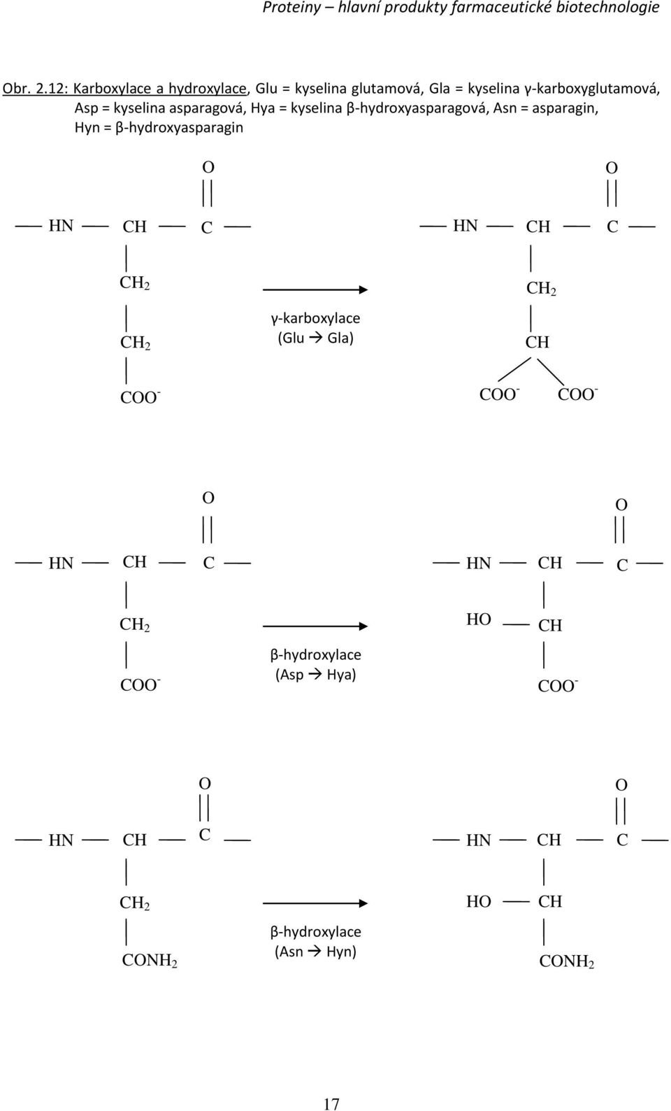 γ-karboxyglutamová, Asp = kyselina asparagová, Hya = kyselina β-hydroxyasparagová, Asn