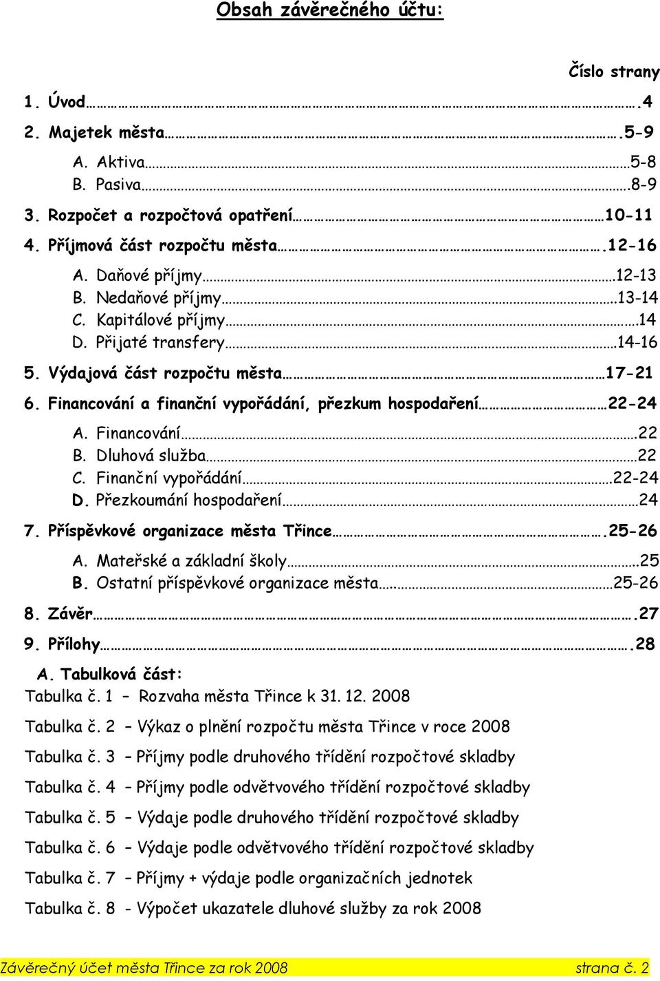 Dluhová služba 22 C. Finanční vypořádání.22-24 D. Přezkoumání hospodaření 24 7. Příspěvkové organizace města Třince.25-26 A. Mateřské a základní školy..25 B. Ostatní příspěvkové organizace města.