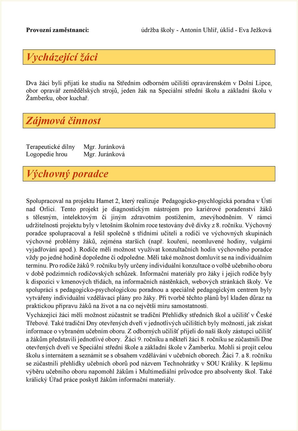 Juránková Výchovný poradce Spolupracoval na projektu Hamet 2, který realizuje Pedagogicko-psychlogická poradna v Ústí nad Orlicí.