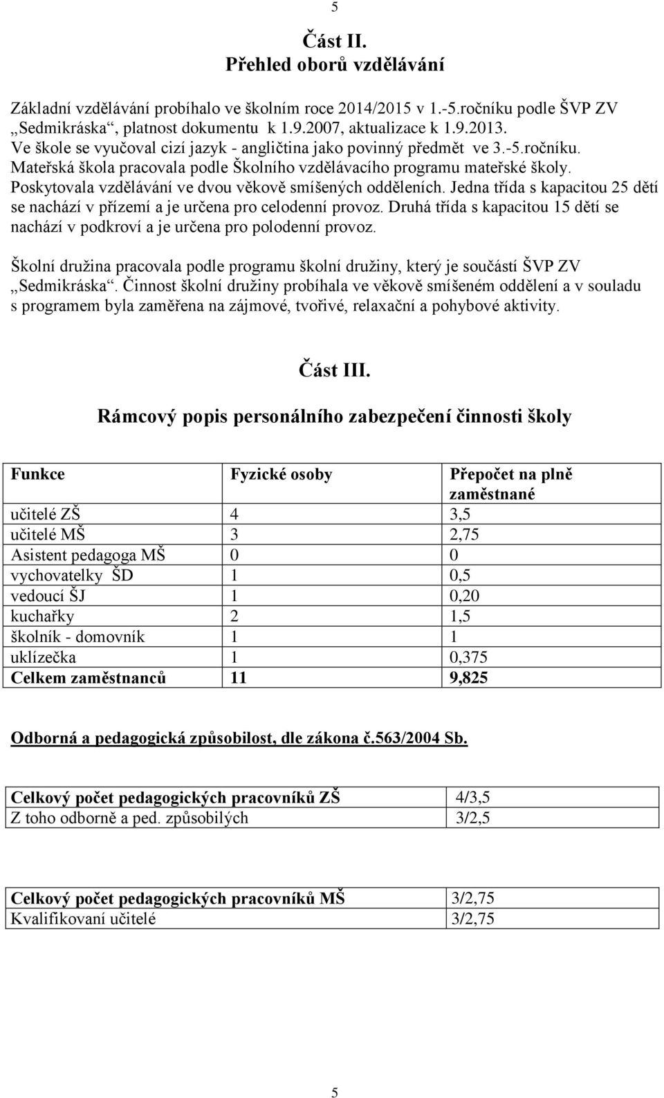 Poskytovala vzdělávání ve dvou věkově smíšených odděleních. Jedna třída s kapacitou 25 dětí se nachází v přízemí a je určena pro celodenní provoz.