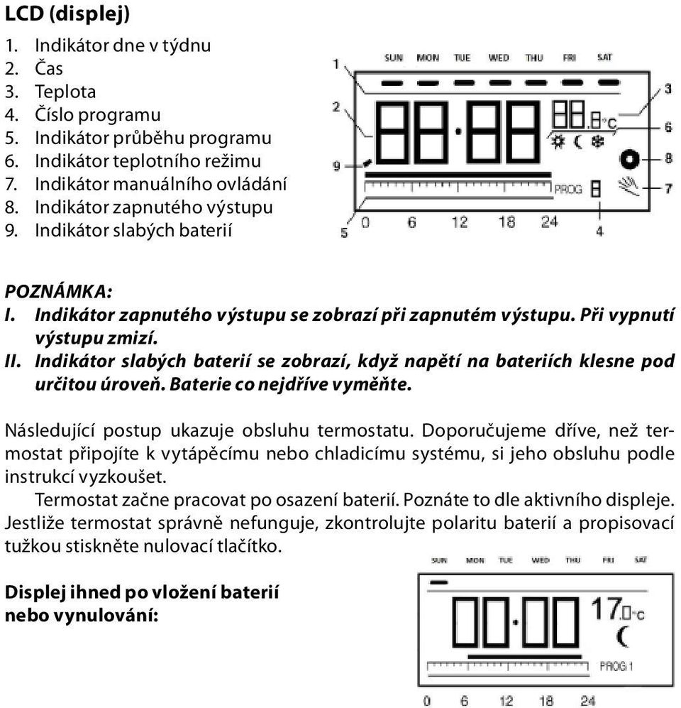 Indikátor slabých baterií se zobrazí, když napětí na bateriích klesne pod určitou úroveň. Baterie co nejdříve vyměňte. Následující postup ukazuje obsluhu termostatu.