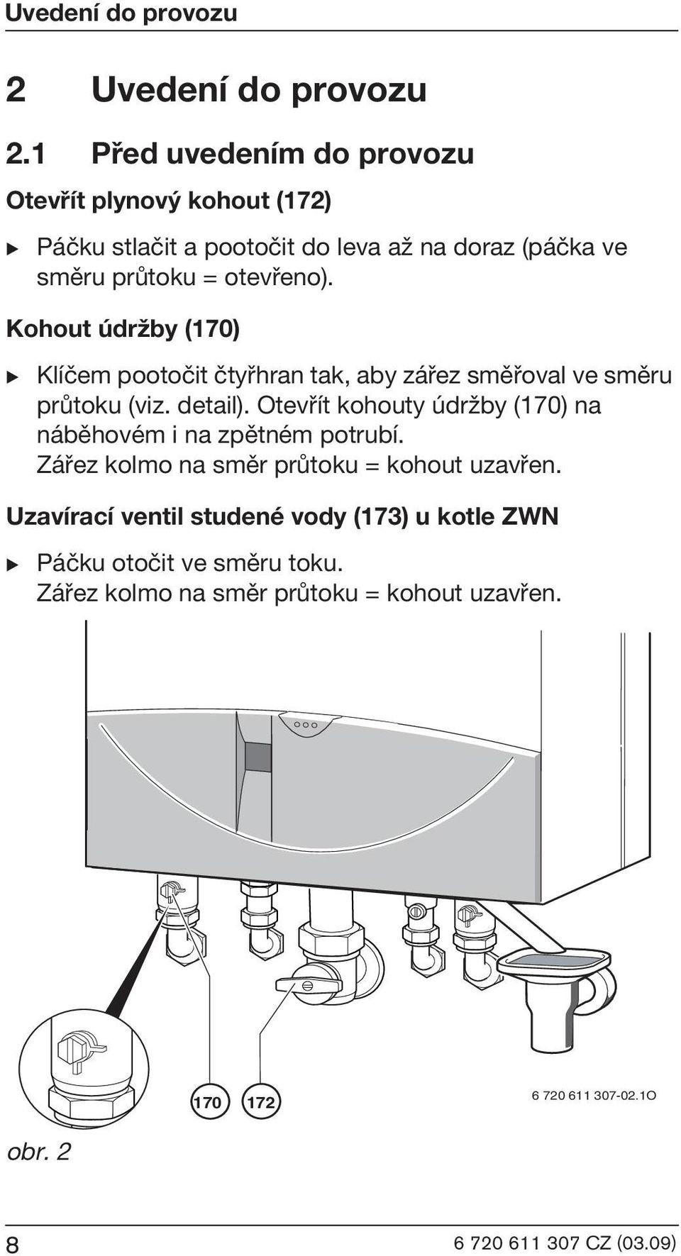 Kohout údrωby (170) B Klíèem pootoèit ètyøhran tak, aby záøez smìøoval ve smìru prùtoku (viz. detail).