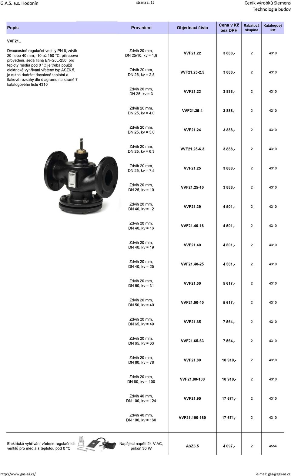 5, je nutno dodržet dovolené teplotní a tlakové rozsahy dle diagramu na straně 7 katalogového u 4310 DN 25/10, kv = 1,9 DN 25, kv = 2,5 DN 25, kv = 3 VVF21.22 3 888,- 2 4310 VVF21.25-2.