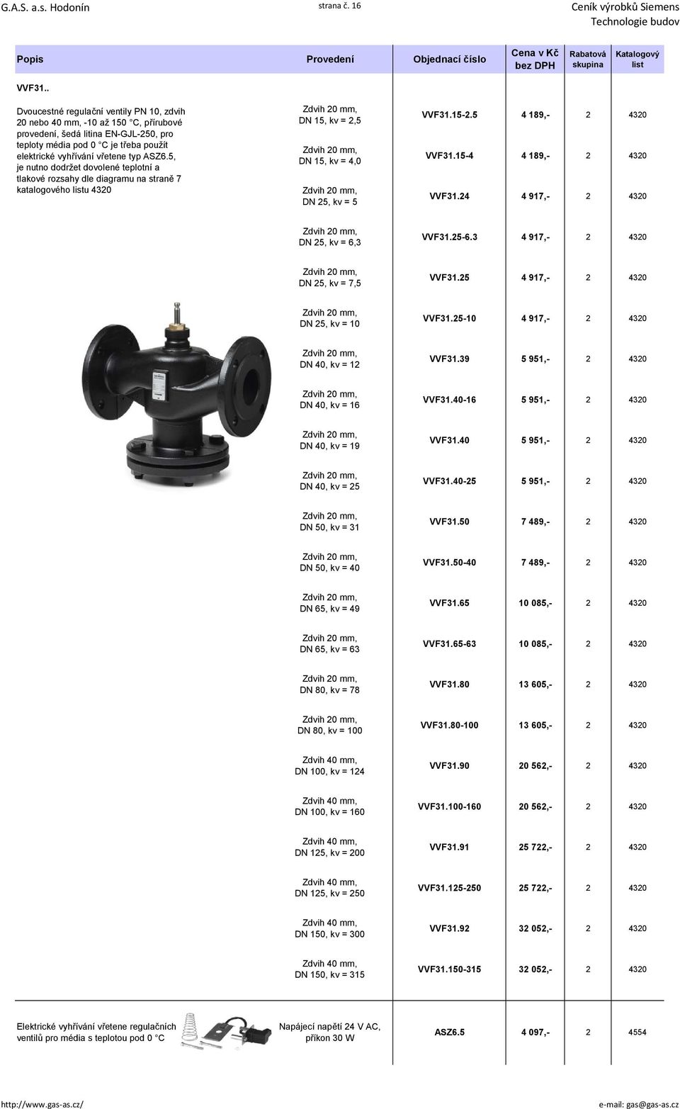 5, je nutno dodržet dovolené teplotní a tlakové rozsahy dle diagramu na straně 7 katalogového u 4320 DN 15, kv = 2,5 DN 15, kv = 4,0 DN 25, kv = 5 VVF31.15-2.5 4 189,- 2 4320 VVF31.