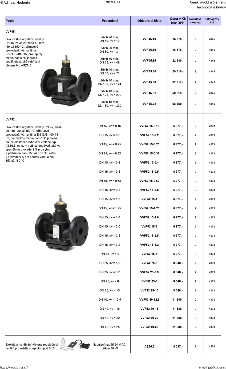 ASZ6.5 DN 50, kv = 19 DN 50, kv = 31 Zdvih 40 mm, DN 65, kv = 49 Zdvih 40 mm, DN 80, kv = 78 Zdvih 40 mm, DN 100, kv = 124 Zdvih 40 mm, DN 125, kv = 200 Zdvih 40 mm, DN 150, kv = 300 VVF45.