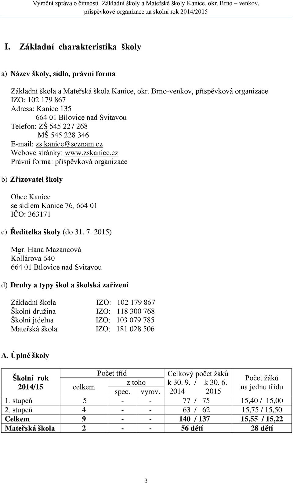 cz Právní forma: příspěvková organizace b) Zřizovatel školy Obec Kanice se sídlem Kanice 76, 664 01 IČO: 363171 c) Ředitelka školy (do 31. 7. 2015) Mgr.