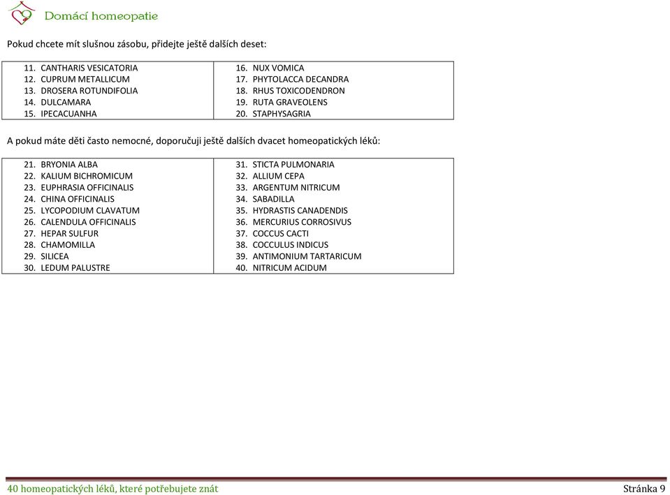 KALIUM BICHROMICUM 23. EUPHRASIA OFFICINALIS 24. CHINA OFFICINALIS 25. LYCOPODIUM CLAVATUM 26. CALENDULA OFFICINALIS 27. HEPAR SULFUR 28. CHAMOMILLA 29. SILICEA 30. LEDUM PALUSTRE 31.