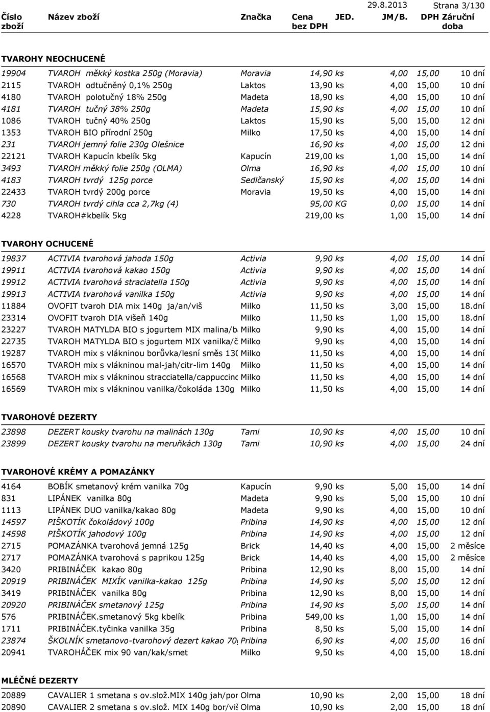 16,90 ks 4,00 22121 TVAROH Kapucín kbelík 5kg Kapucín 219,00 ks 3493 TVAROH měkký folie 250g (OLMA) Olma 16,90 ks 4,00 4183 TVAROH tvrdý 125g porce Sedlčanský 15,90 ks 4,00 22433 TVAROH tvrdý 200g