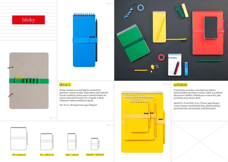 16 23 cm 40 čistých listů papír 250 g/m² softblok Pružné bloky se spiralou a dvoubarevnou obálkou barevně sladěné s gumičkou a tužkou. Výběr ze 4 velikostí dává prostor každému.